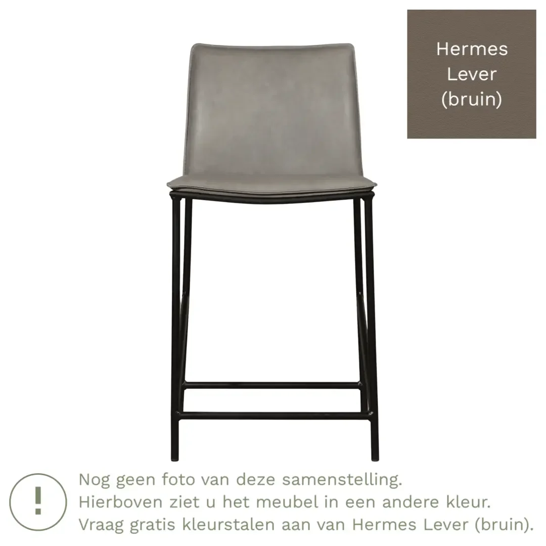 afbeelding van Leren barkruk laag Favor - Hermes Lever (bruin) - poten staal rond zwart